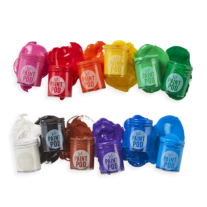 lil' Poster Paint Pods with caps off and paint spilling out