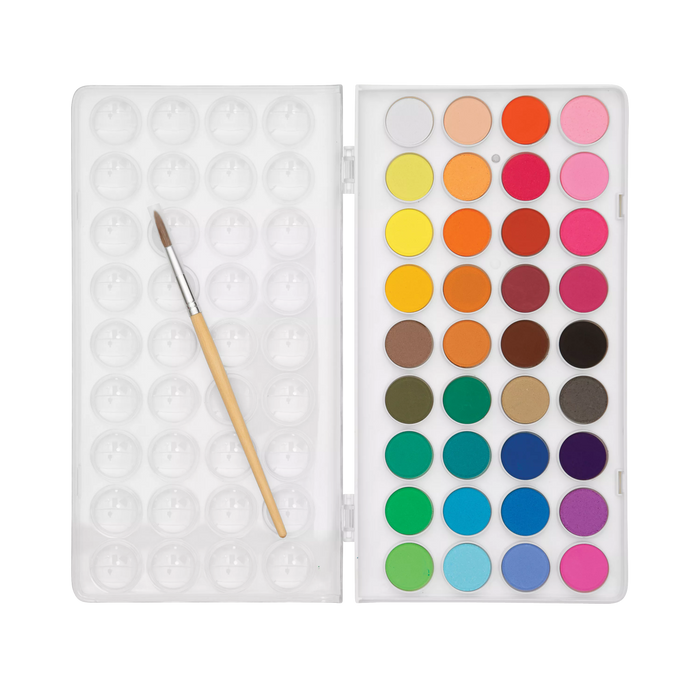 Opened set of OOLY Lil Watercolor Paint Pods with paint brush