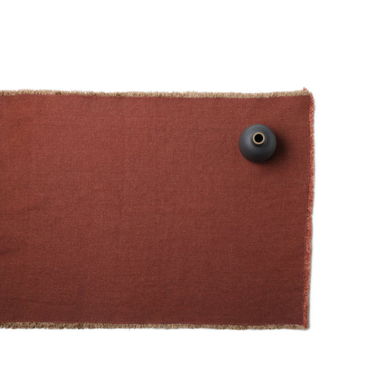 R+D.LAB Linen Hopsack Runner Mattone Red with Heath Ceramics Bud Vase in Indigo