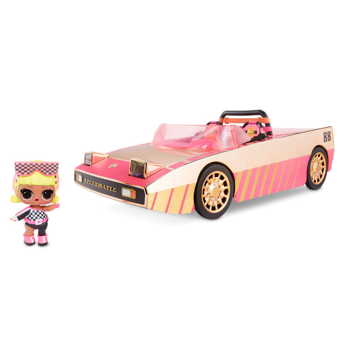 Toy car with a matching doll on a white background
