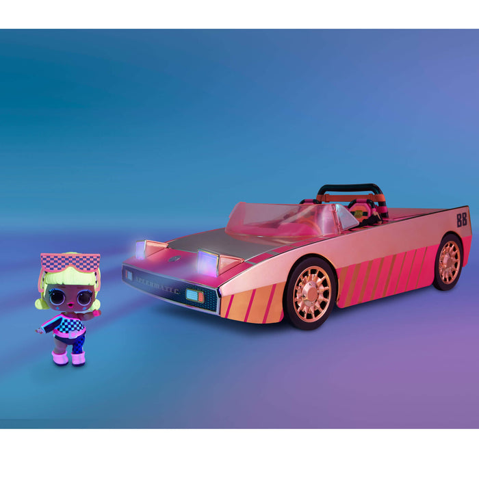 Toy car with a character figure on a gradient blue and purple background