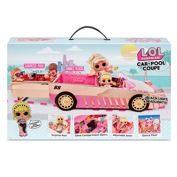 Boxed toy car with dolls featuring the LOL Surprise! brand on a white background