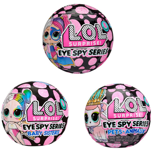 Three LOL Surprise! Eye Spy Series toy packages on a white background