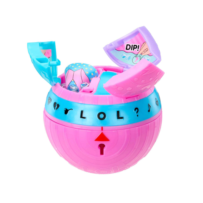 Pink and blue toy with a part opened labeled 'Dip' on a white background