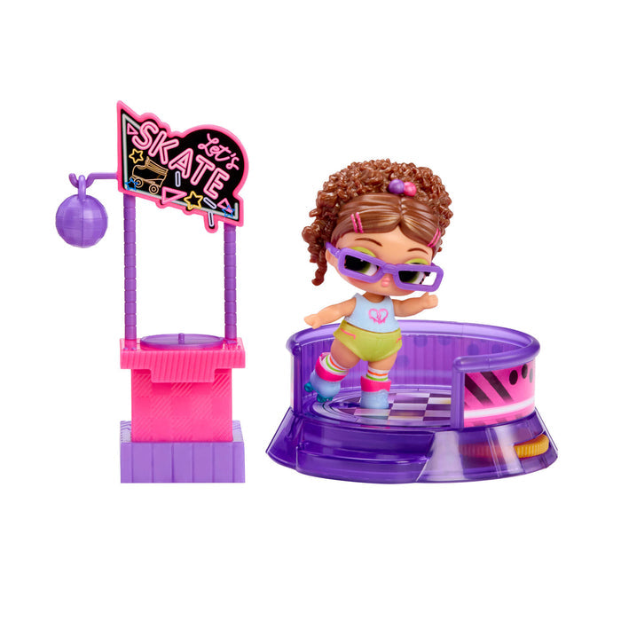 Toy figure of a girl on roller skates with a rink and sign on a white background