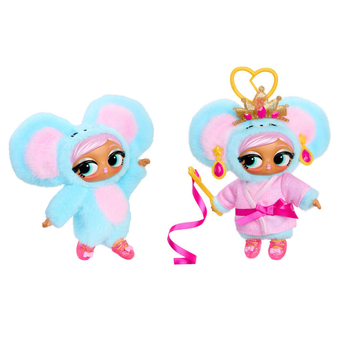 Two plush toys with blue fur, one holding a baton ribbon, on a white background.