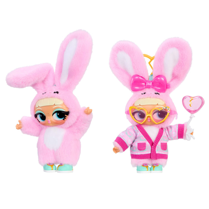 Two plush toys with pink bunny ears and outfits on a white background
