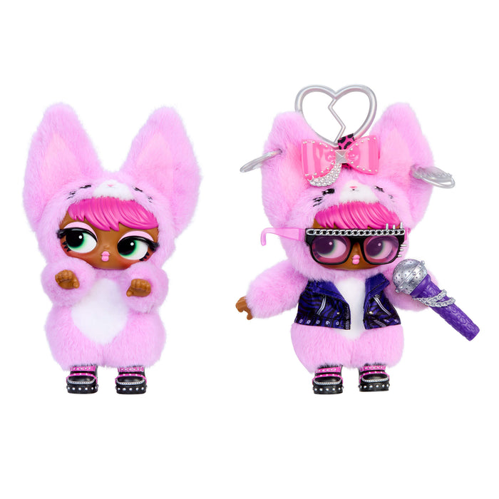 Two plush toys with pink fur and brown skin, one holding a microphone, on a white background.
