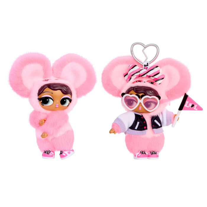 Two plush toys with pink fur, one holding a flag, on a white background.