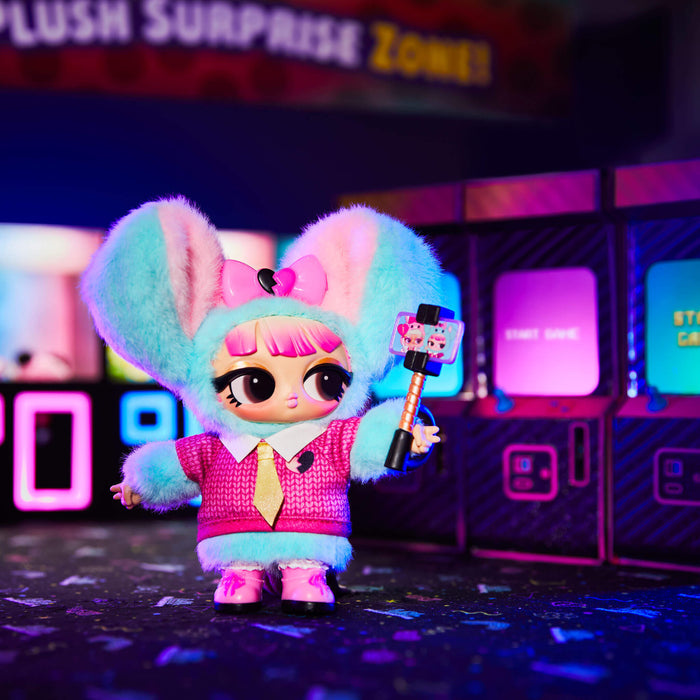 Colorful toy figure with bunny ears and pink outfit in a vibrant, neon-lit setting.
