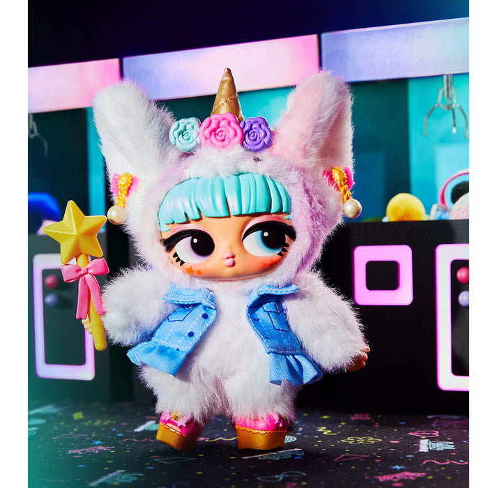 Colorful toy plush figure with a unicorn horn and star wand on a vibrant background