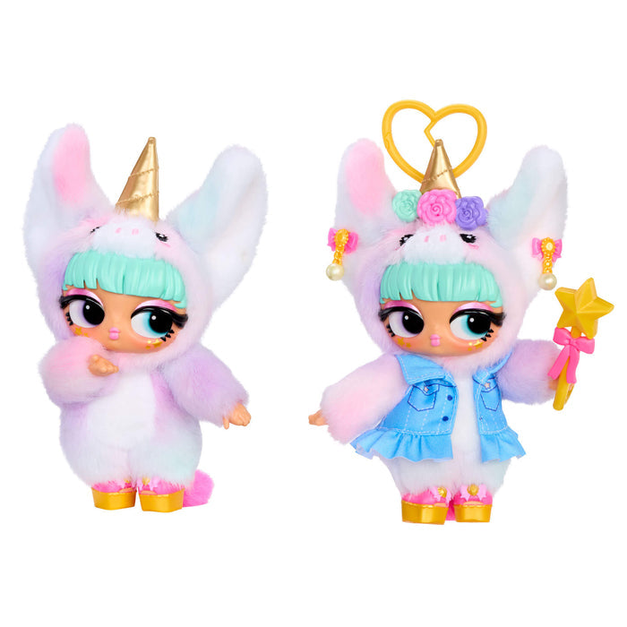 Two plush toys with multi color fur, one holding a wand, on a white background.
