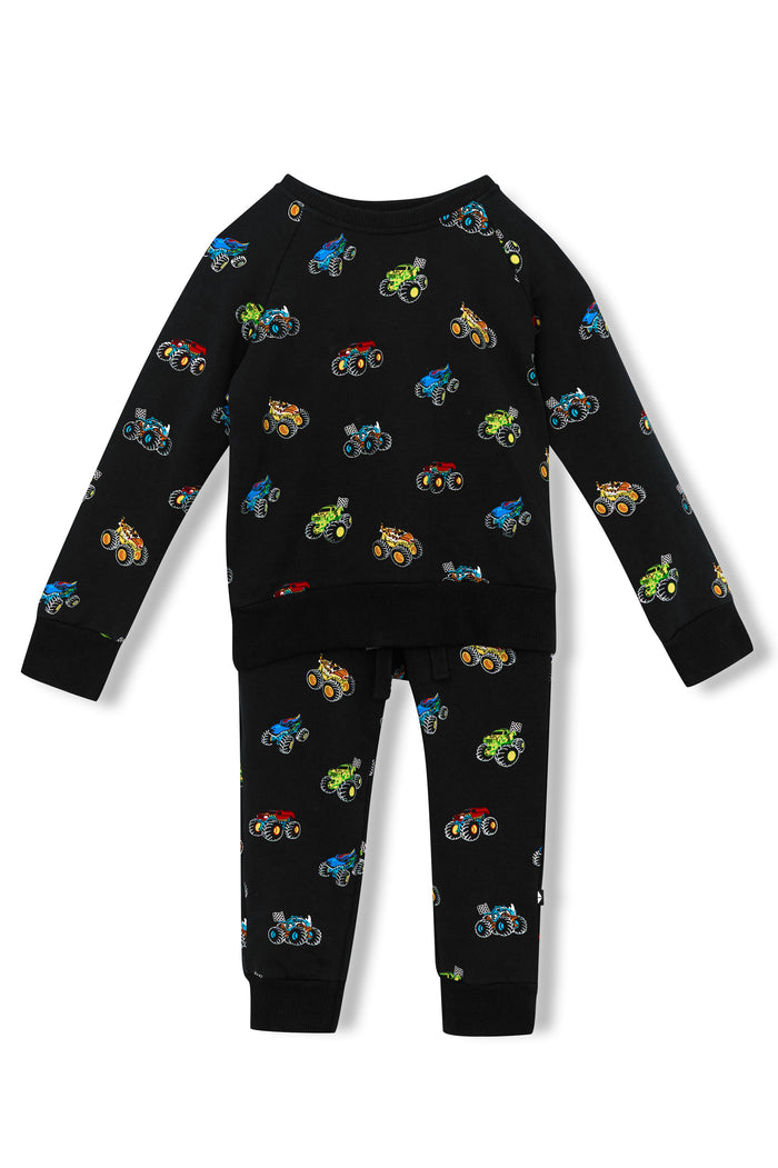 Long Sleeve Jogger Set in Monster Truck print on white background
