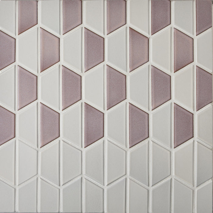 Caption: Classic Field Half Hex in G119 Vintage Rose & M121 Petal. Prism Bone grout by Custom Building Products.
