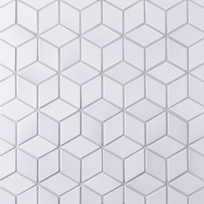 Caption: Classic Field Little Diamond in M124 Powder. Prism Cape Gray grout by Custom Building Products.