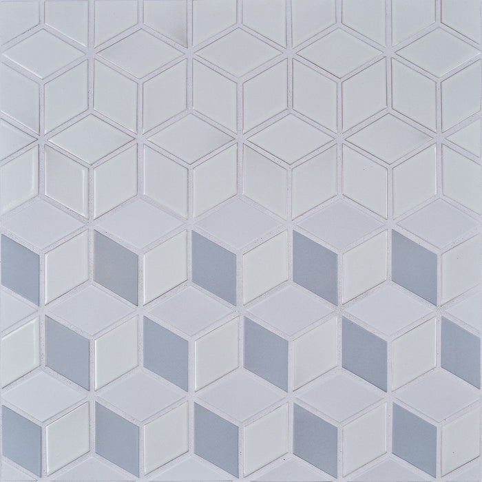 Caption: Classic Field Little Diamond in M127 Hydrangea, M126 Alpine, G132 Lily. Cape Grey grout by Custom Building Products.