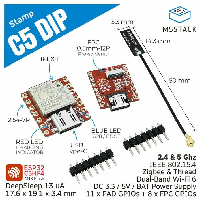 M5StampC5 Module with 2.54 Header Pin
