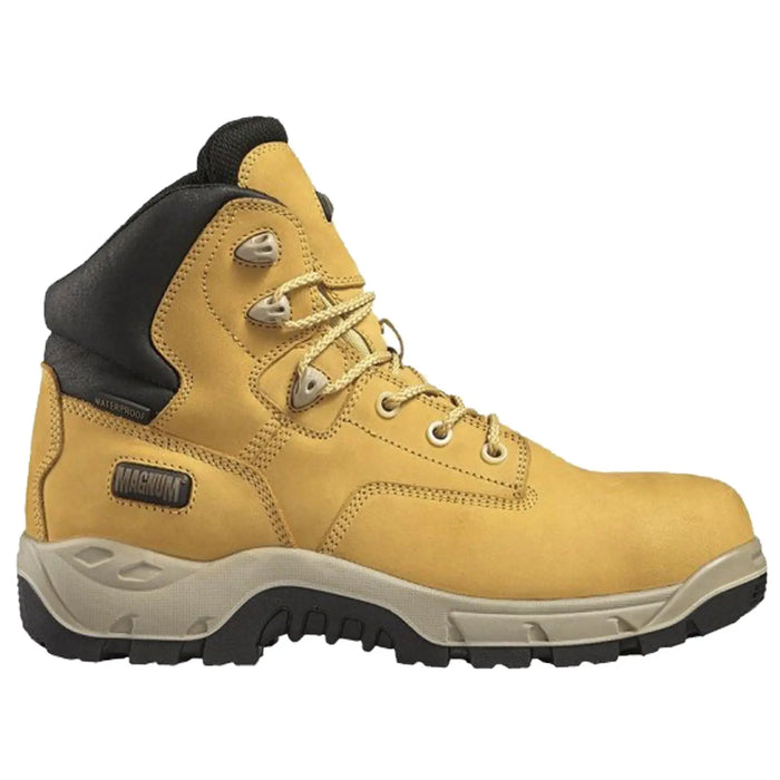 A tan waterproof boot features lace-up design and a reinforced ankle. Positioned against a white background, it showcases a sturdy sole ideal for outdoor activities.