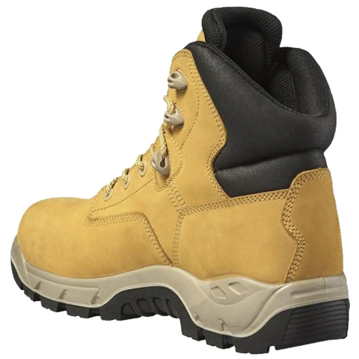 A sturdy yellow hiking boot sits upright showcasing its rugged sole and cushioned ankle support designed for outdoor activities in rough terrains and varying weather conditions.