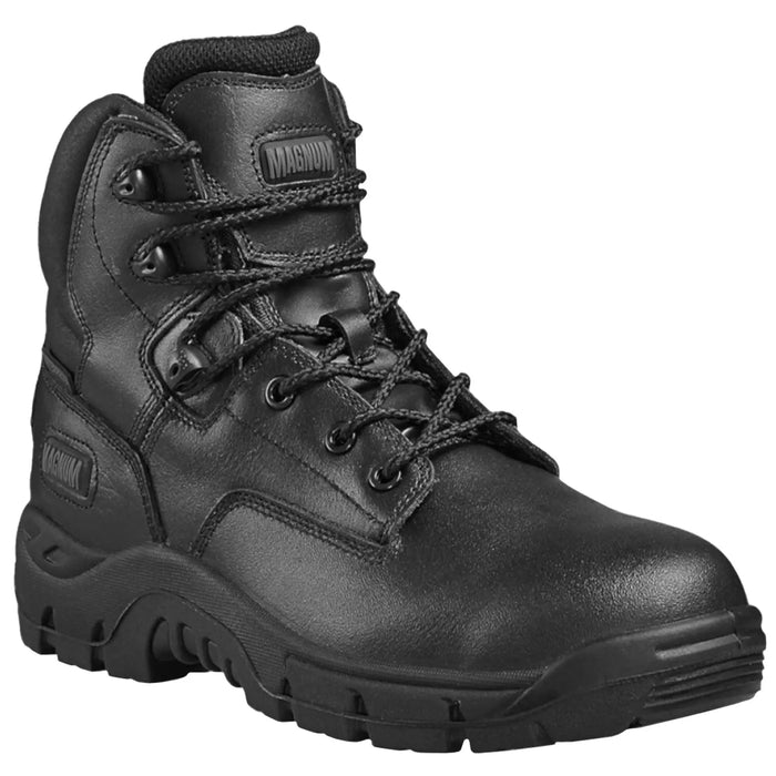 Black tactical boot features durable leather upper with reinforced toe and lacing system designed for support and traction suitable for outdoor activities or work environments. Brand name MAGNUM is visible on the side.