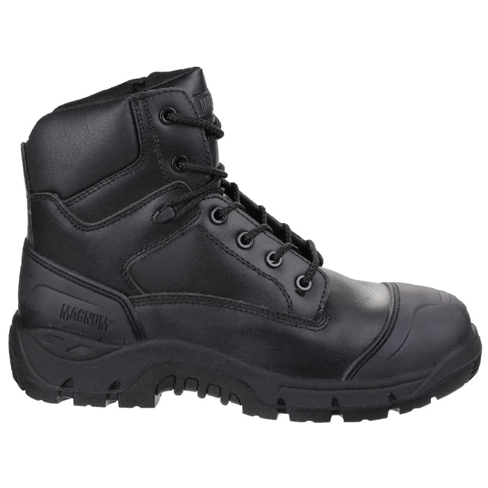 A black tactical boot features a sturdy leather upper and rubber sole with deep treads designed for traction in rough terrains while being suitable for outdoor or work settings.