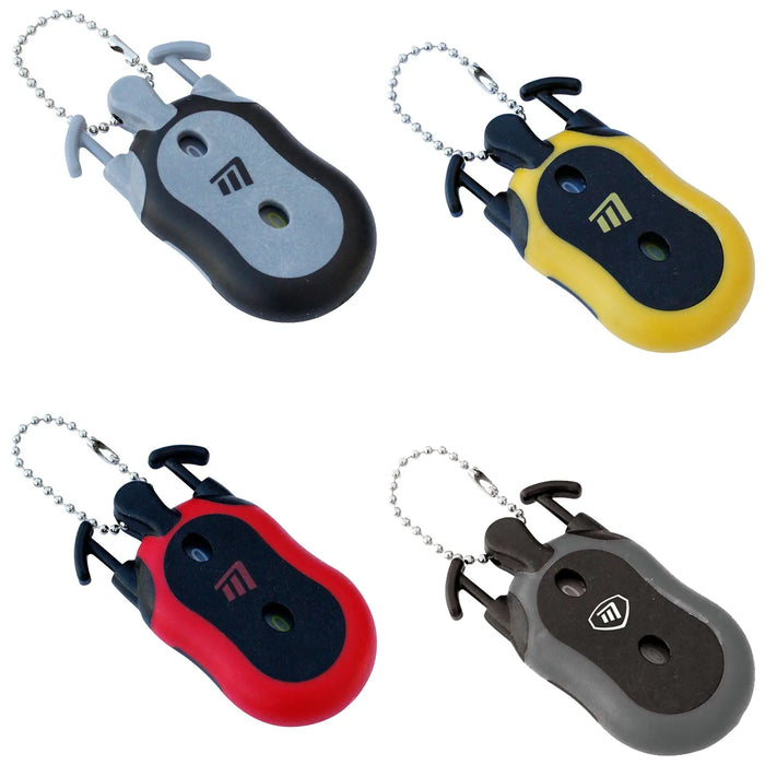 Four small golf scorers with a rounded body and two protruding handles are displayed together. Each device is a different color: gray black yellow and red lightweight and designed for pulling or gripping.