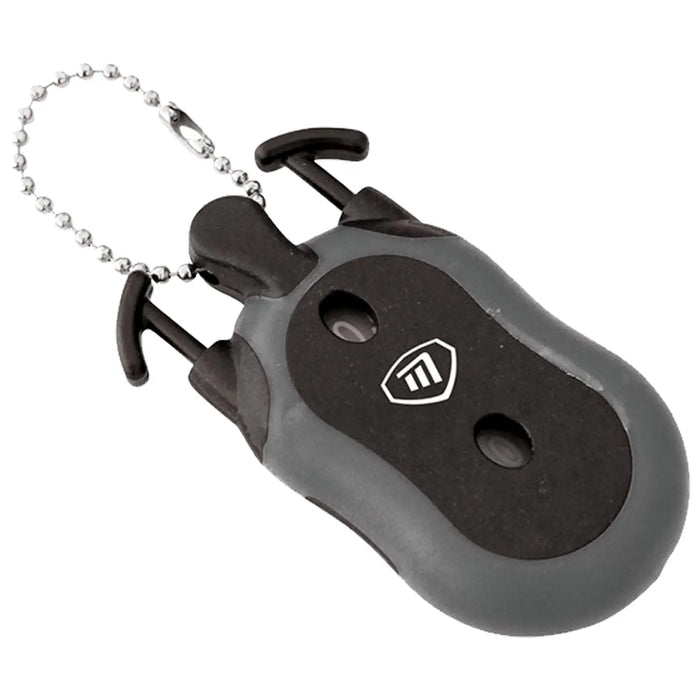 A compact black and gray device with buttons and hooks is attached to a metal chain. It is designed for an easy grip, likely used for securing or operating a related object.