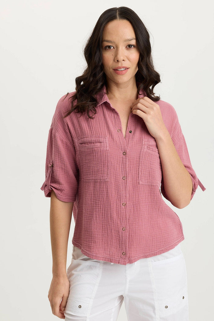 XCVI Maurise Gauze/Jersey Tabbed-Sleeve Snap-Up Top