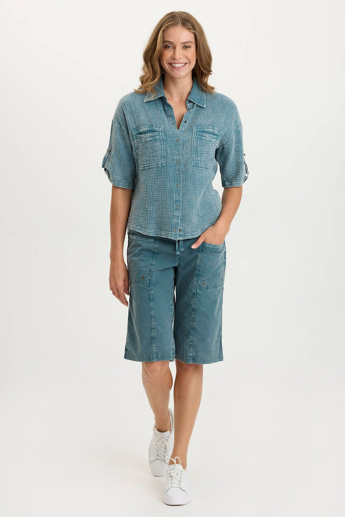 XCVI Maurise Gauze/Jersey Tabbed-Sleeve Snap-Up Top