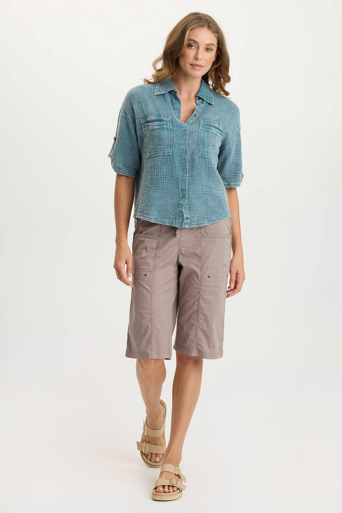 XCVI Maurise Gauze/Jersey Tabbed-Sleeve Snap-Up Top