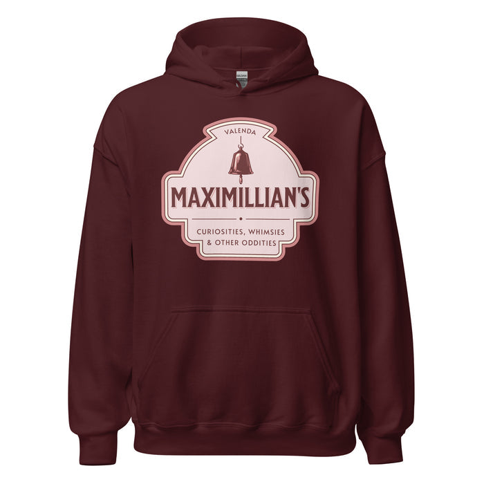 Maximilian's Curiosities Hoodie - The Bean Workshop - Bell Icon Illustration, Cozy Reading Wear, Evangeline Fox Fan Gift, Everyday Bookish Style, Hoodie, Maximilians Curiosities, Once Upon a Broken Heart, Pink and Maroon Color Palette, Stephanie Garber, Storybook Apothecary, Vintage Arched Badge, Vintage Curiosity Shop, Whimsies & Other Oddities Hoodie for Book Lovers