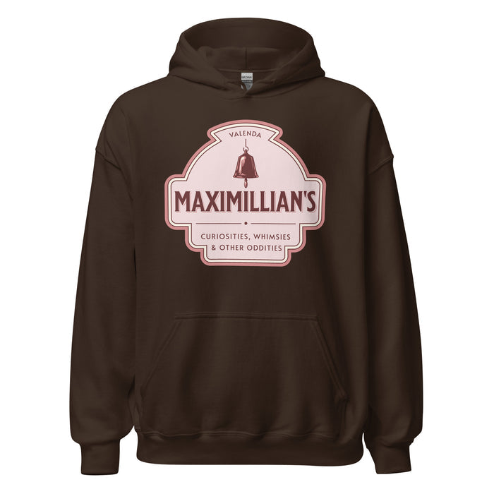 Maximilian's Curiosities Hoodie - The Bean Workshop - Bell Icon Illustration, Cozy Reading Wear, Evangeline Fox Fan Gift, Everyday Bookish Style, Hoodie, Maximilians Curiosities, Once Upon a Broken Heart, Pink and Maroon Color Palette, Stephanie Garber, Storybook Apothecary, Vintage Arched Badge, Vintage Curiosity Shop, Whimsies & Other Oddities Hoodie for Book Lovers