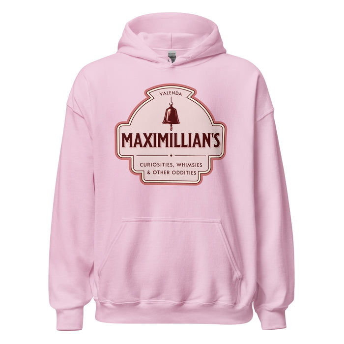 Maximilian's Curiosities Hoodie - The Bean Workshop - Bell Icon Illustration, Cozy Reading Wear, Evangeline Fox Fan Gift, Everyday Bookish Style, Hoodie, Maximilians Curiosities, Once Upon a Broken Heart, Pink and Maroon Color Palette, Stephanie Garber, Storybook Apothecary, Vintage Arched Badge, Vintage Curiosity Shop, Whimsies & Other Oddities Hoodie for Book Lovers