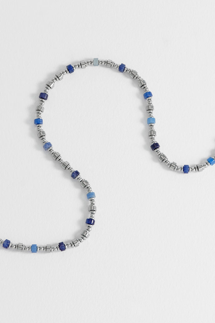 Men's Blue Gemstone and Metal Bead Necklace