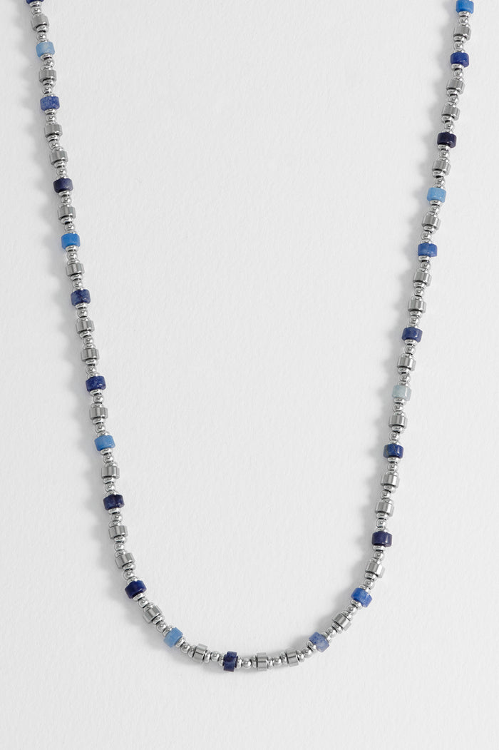 Men's Blue Gemstone and Metal Bead Necklace