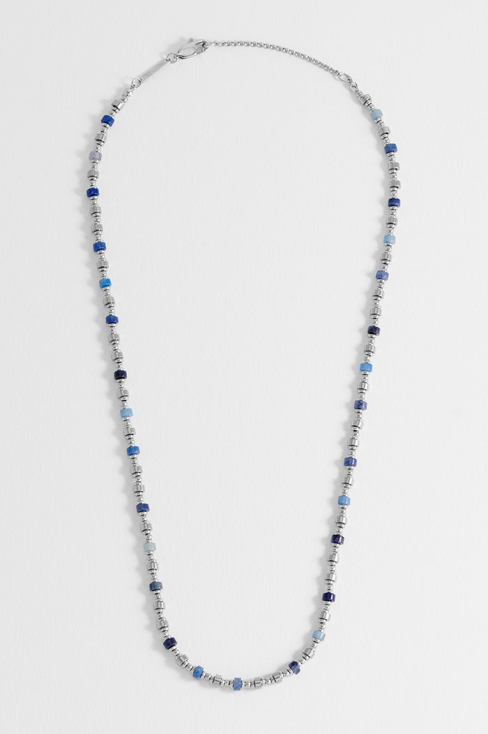 Men's Blue Gemstone and Metal Bead Necklace
