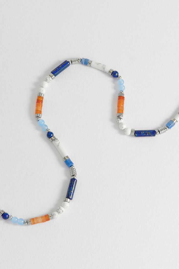 Men's Blue, Orange and White Gemstone Bead Necklace