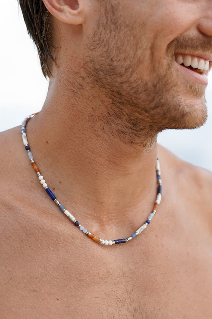 Men's Blue, Orange and White Gemstone Bead Necklace