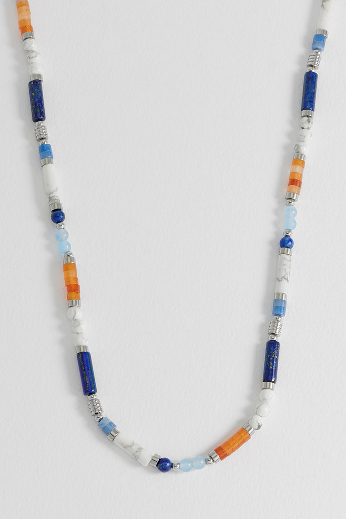 Men's Blue, Orange and White Gemstone Bead Necklace