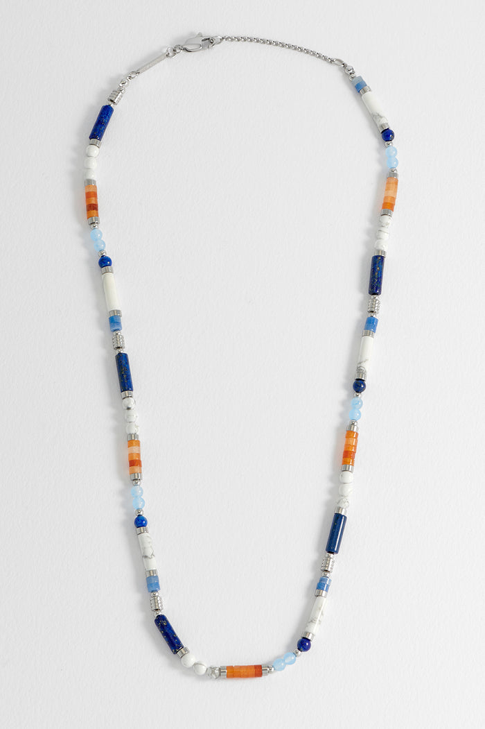 Men's Blue, Orange and White Gemstone Bead Necklace