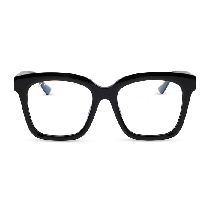 diff eyewear meredith square prescription glasses with a black acetate frame and grey lenses front view