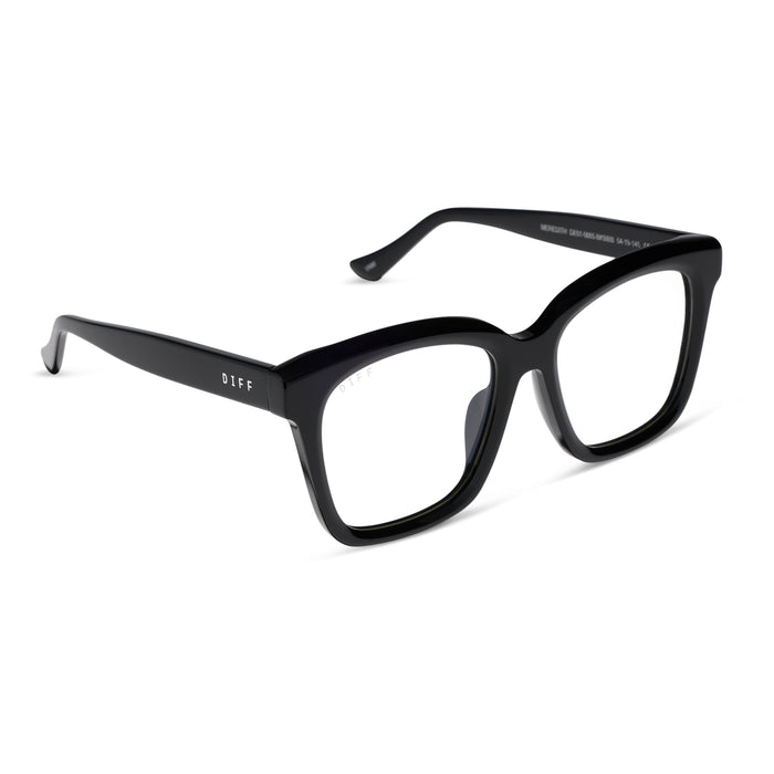 diff eyewear meredith square prescription glasses with a black acetate frame and grey lenses angled view