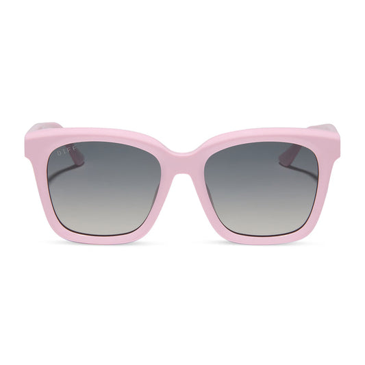 diff eyewear featuring the meredith square sunglasses with a powder pink frame and grey gradient polarized lenses front view