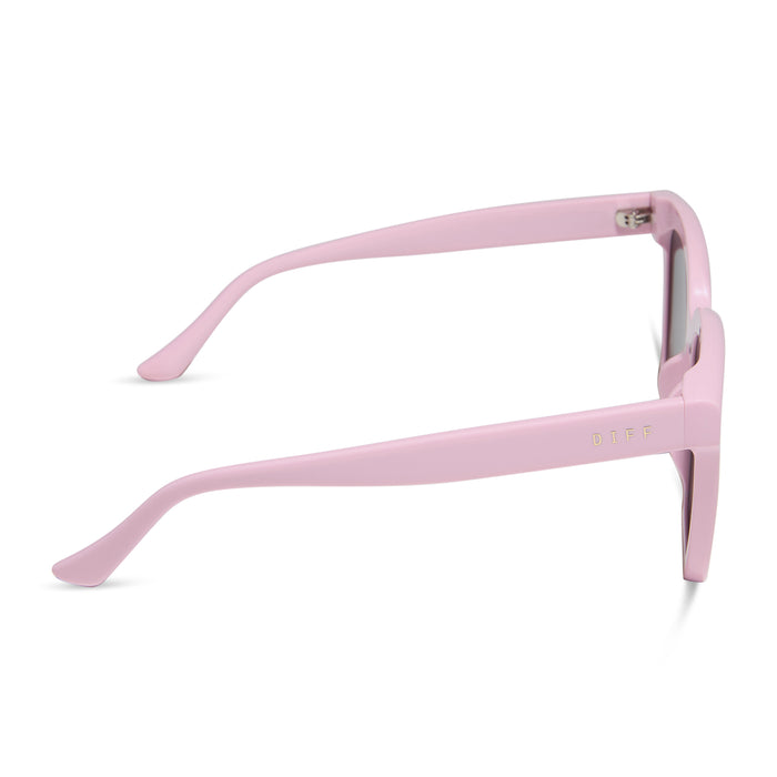 diff eyewear featuring the meredith square sunglasses with a powder pink frame and grey gradient polarized lenses side view