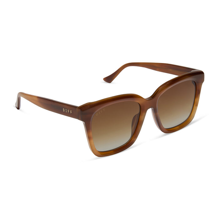 diff eyewear featuring the meredith square sunglasses with a tawny brown tortoise frame and brown gradient polarized lenses angled view