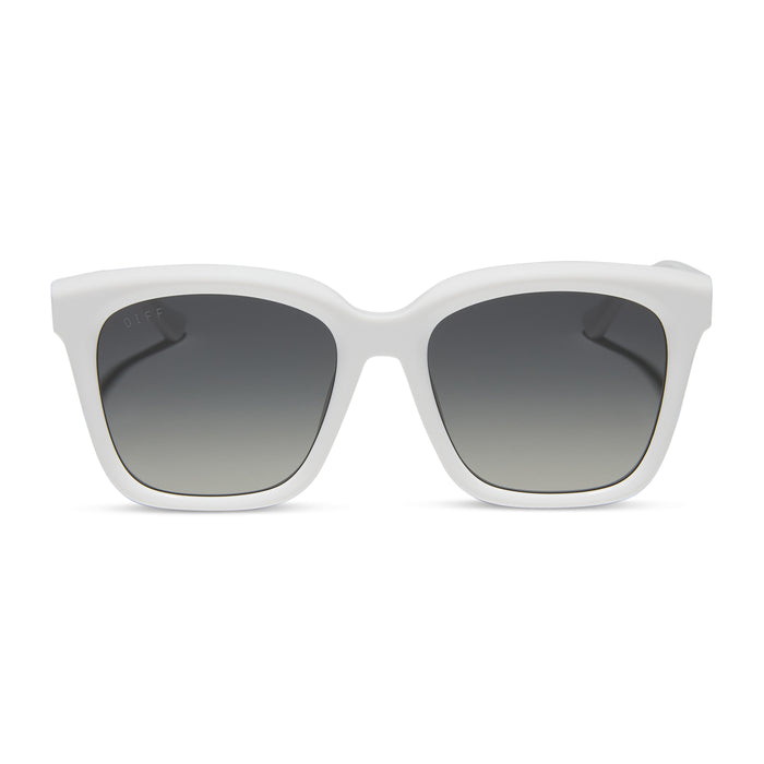 diff eyewear featuring the meredith square oversized sunglasses with a white snowbound acetate frame and grey gradient polarized lenses front view