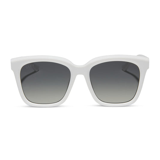 diff eyewear featuring the meredith square oversized sunglasses with a white snowbound acetate frame and grey gradient polarized lenses front view