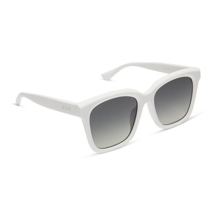 diff eyewear featuring the meredith square oversized sunglasses with a white snowbound acetate frame and grey gradient polarized lenses angled view