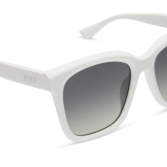 diff eyewear featuring the meredith square oversized sunglasses with a white snowbound acetate frame and grey gradient polarized lenses detailed view
