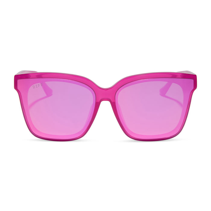 diff eyewear featuring the meredith ii square sunglasses with a bright pink tulip frame and pink mirror lenses front view